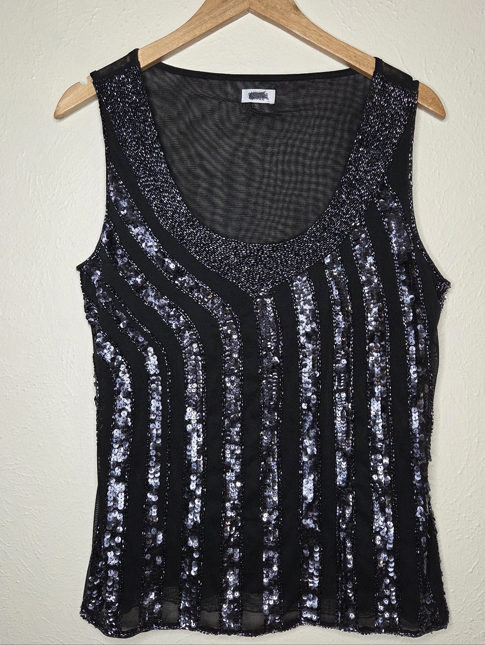 Y2K Beaded Mesh Tank Top Black Silver Sequin Sheer Party Club Dark Fairy M
